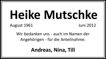 Traueranzeige von Heike Mutschke von Odenwälder Echo
