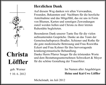 Traueranzeige von Christa Löffler von Odenwälder Echo
