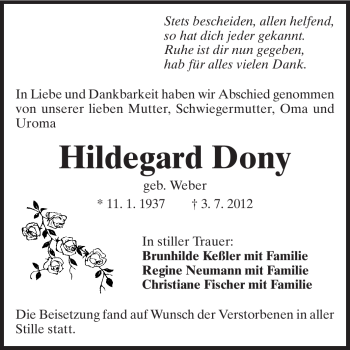 Traueranzeige von Hildegard Dony von Echo-Zeitungen (Gesamtausgabe)