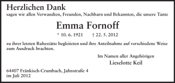 Traueranzeige von Emma Fornoff von Echo-Zeitungen (Gesamtausgabe)