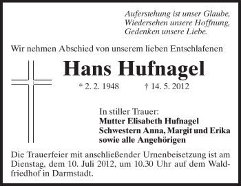Traueranzeige von Hans Hufnagel von Echo-Zeitungen (Gesamtausgabe)