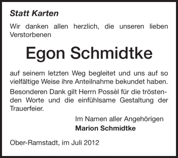 Traueranzeige von Egon Schmidtke von Echo-Zeitungen (Gesamtausgabe)