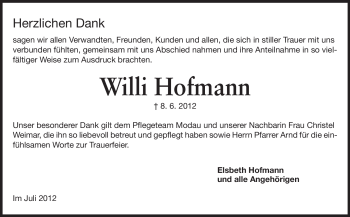 Traueranzeige von Willi Hofmann von Echo-Zeitungen (Gesamtausgabe)
