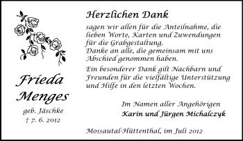 Traueranzeige von Frieda Menges von Odenwälder Echo