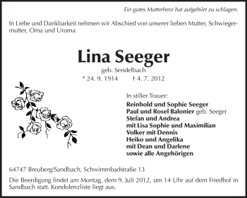 Traueranzeige von Lina Seeger von Odenwälder Echo