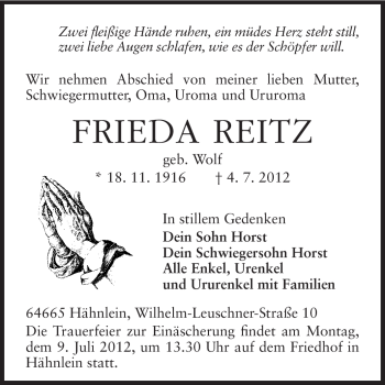 Traueranzeige von Frieda Reitz von Echo-Zeitungen (Gesamtausgabe)