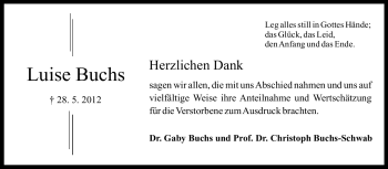 Traueranzeige von Luise Buchs von Rüsselsheimer Echo, Groß-Gerauer-Echo, Ried Echo