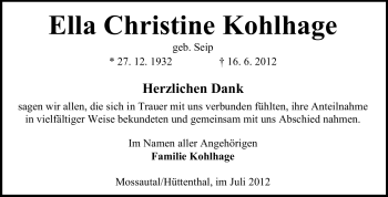 Traueranzeige von Ella Christine Kohlhage von Odenwälder Echo