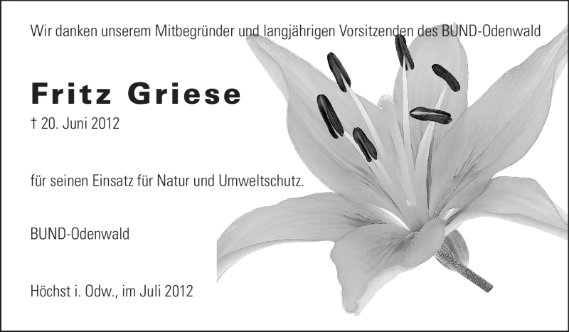  Traueranzeige für Fritz Griese vom 06.07.2012 aus Odenwälder Echo