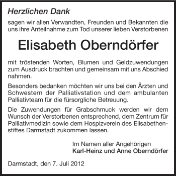 Traueranzeige von Elisabeth Oberndörfer von Echo-Zeitungen (Gesamtausgabe)