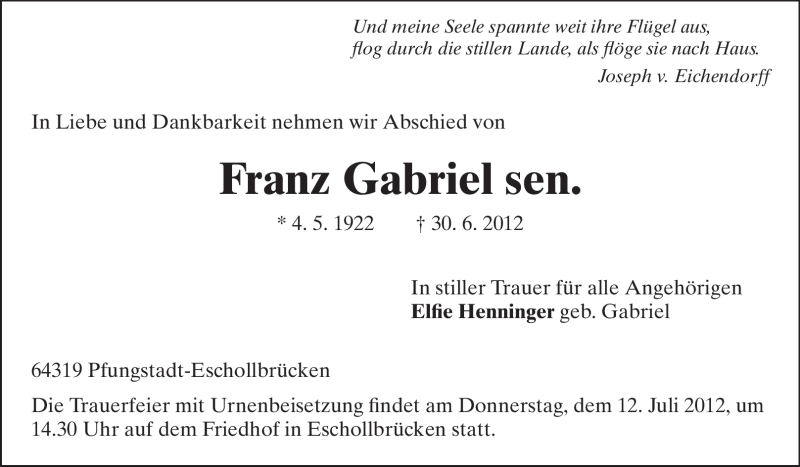  Traueranzeige für Franz Gabriel vom 07.07.2012 aus Echo-Zeitungen (Gesamtausgabe)