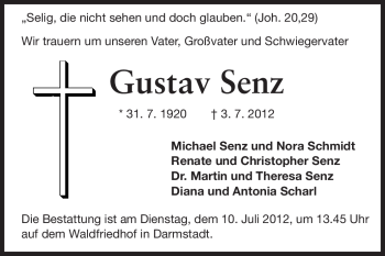 Traueranzeige von Gustav Senz von Echo-Zeitungen (Gesamtausgabe)