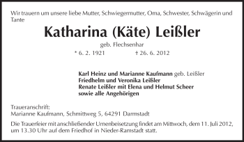 Traueranzeige von Katharina Leißler von Echo-Zeitungen (Gesamtausgabe)