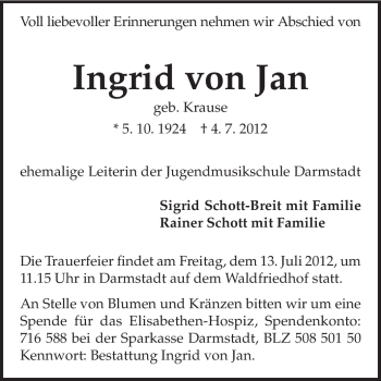 Traueranzeige von Ingrid von Jan von Darmstädter Echo, Odenwälder Echo, Rüsselsheimer Echo, Groß-Gerauer-Echo, Ried Echo
