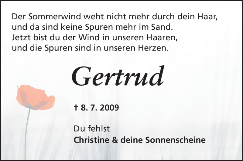  Traueranzeige für Gertrud - vom 07.07.2012 aus Rüsselsheimer Echo, Groß-Gerauer-Echo, Ried Echo