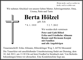 Traueranzeige von Berta Hölzel von Odenwälder Echo