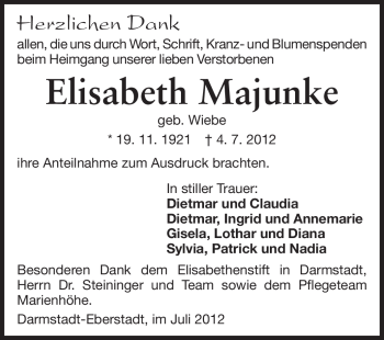 Traueranzeige von Elisabeth Majunke von Echo-Zeitungen (Gesamtausgabe)