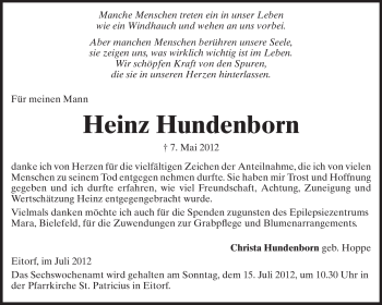 Traueranzeige von Heinz Hundenborn von Echo-Zeitungen (Gesamtausgabe)