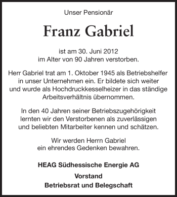 Traueranzeige von Franz Gabriel von Echo-Zeitungen (Gesamtausgabe)