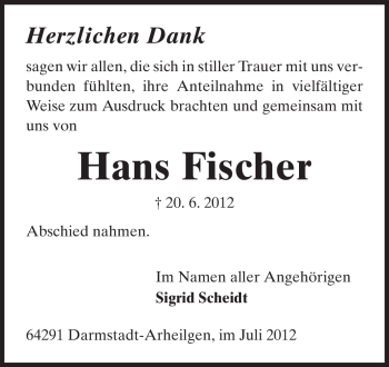 Traueranzeige von Hans Fischer von Echo-Zeitungen (Gesamtausgabe)