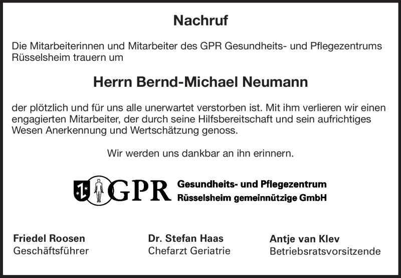  Traueranzeige für Bernd-Michael Neumann vom 07.07.2012 aus Rüsselsheimer Echo, Groß-Gerauer-Echo, Ried Echo