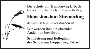 Traueranzeige von Hans-Joachim Stiemerling von Odenwälder Echo
