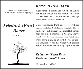 Traueranzeige von Friedrich Bauer von Echo-Zeitungen (Gesamtausgabe)