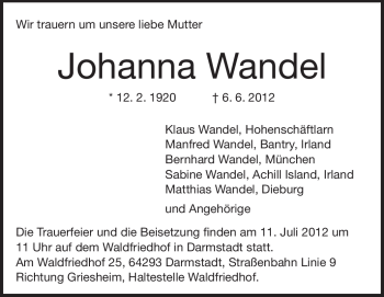 Traueranzeige von Johanna Wandel von Echo-Zeitungen (Gesamtausgabe)