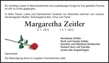 Traueranzeige von Margaretha Zeitler von Echo-Zeitungen (Gesamtausgabe)
