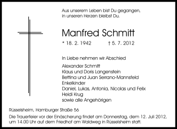 Traueranzeige von Manfred Schmitt von Rüsselsheimer Echo, Groß-Gerauer-Echo, Ried Echo