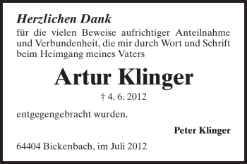 Traueranzeige von Artur Klinger von Echo-Zeitungen (Gesamtausgabe)