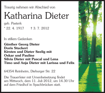 Traueranzeige von Katharina Dieter  von Echo-Zeitungen (Gesamtausgabe)