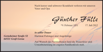 Traueranzeige von Günther Fülle von Rüsselsheimer Echo, Groß-Gerauer-Echo, Ried Echo