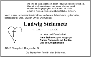 Traueranzeige von Ludwig Steinmetz von Echo-Zeitungen (Gesamtausgabe)