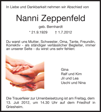 Traueranzeige von Nanni Zeppenfeld von Darmstädter Echo, Odenwälder Echo, Rüsselsheimer Echo, Groß-Gerauer-Echo, Ried Echo