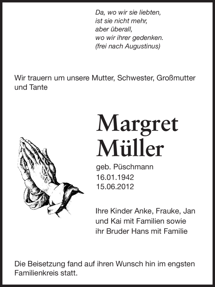  Traueranzeige für Margret Müller vom 14.07.2012 aus Echo-Zeitungen (Gesamtausgabe)