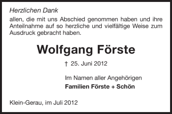 Traueranzeige von Wolfgang Förste von Rüsselsheimer Echo, Groß-Gerauer-Echo, Ried Echo