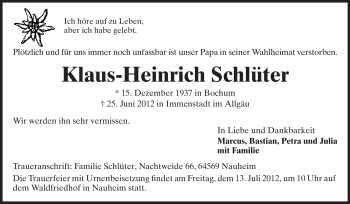 Traueranzeige von Klaus-Heinrich Schlüter von Rüsselsheimer Echo, Groß-Gerauer-Echo, Ried Echo