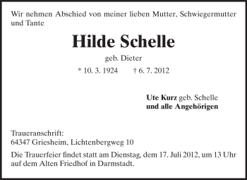 Traueranzeige von Hilde Schelle von Echo-Zeitungen (Gesamtausgabe)