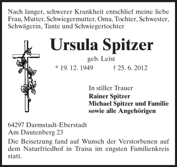 Traueranzeige von Ursula Spitzer von Echo-Zeitungen (Gesamtausgabe)