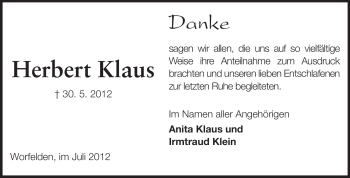 Traueranzeige von Herbert Klaus von Rüsselsheimer Echo, Groß-Gerauer-Echo, Ried Echo