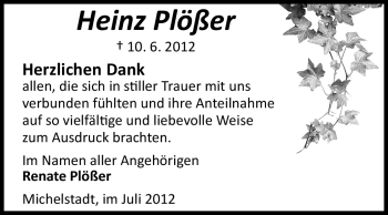 Traueranzeige von Heinz Plößer von Odenwälder Echo