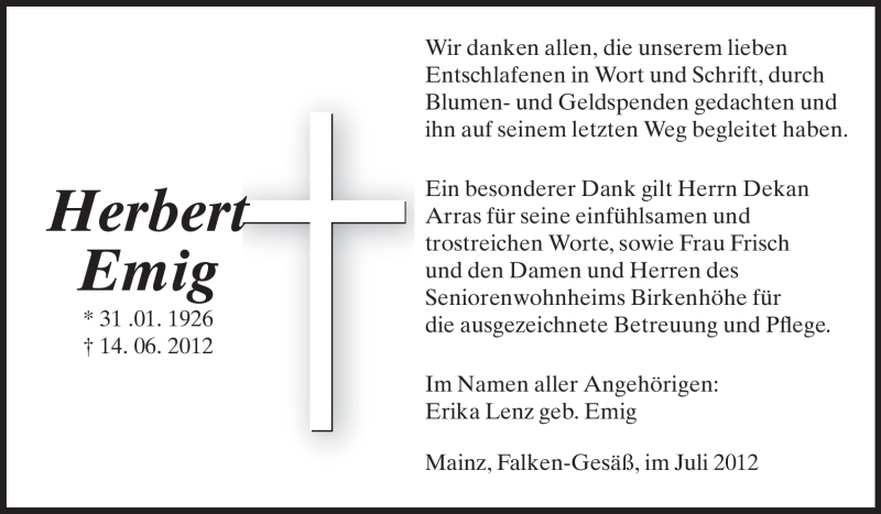 Traueranzeige für Herbert Emig vom 11.07.2012 aus Odenwälder Echo