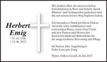 Traueranzeige von Herbert Emig von Odenwälder Echo