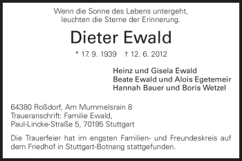 Traueranzeige von Dieter Ewald von Echo-Zeitungen (Gesamtausgabe)