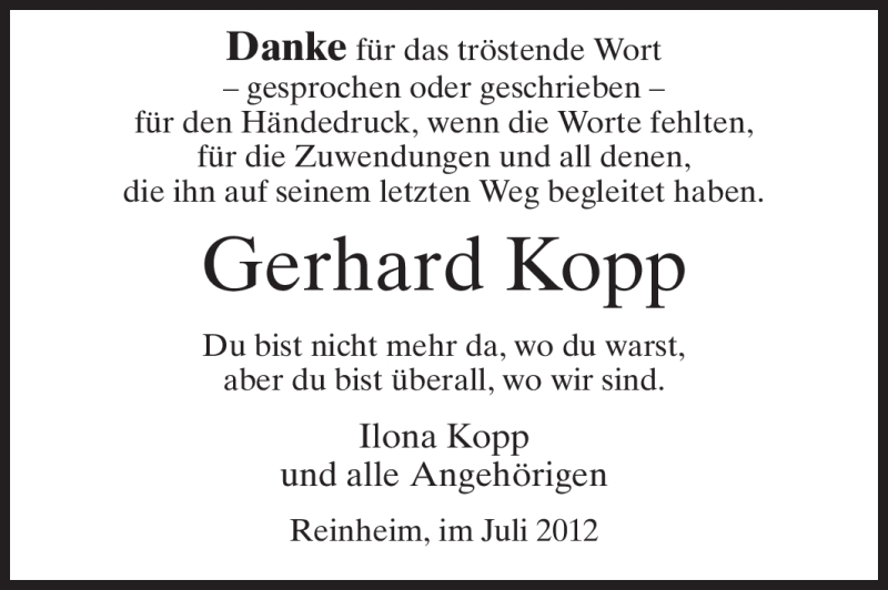  Traueranzeige für Gerhard Kopp vom 16.07.2012 aus Echo-Zeitungen (Gesamtausgabe)