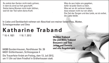 Traueranzeige von Katharina Traband von Echo-Zeitungen (Gesamtausgabe)