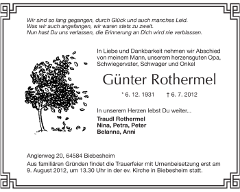 Traueranzeige von Günter Rothermel von Rüsselsheimer Echo, Groß-Gerauer-Echo, Ried Echo