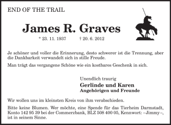 Traueranzeige von James Graves von Darmstädter Echo, Odenwälder Echo, Rüsselsheimer Echo, Groß-Gerauer-Echo, Ried Echo