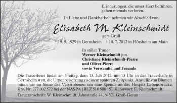 Traueranzeige von Elisabeth Kleinschmidt von Rüsselsheimer Echo, Groß-Gerauer-Echo, Ried Echo